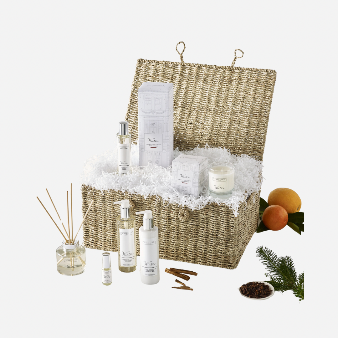 Image may contain: Basket, Bottle, Cosmetics, Perfume, Food, Fruit, Plant, and Produce